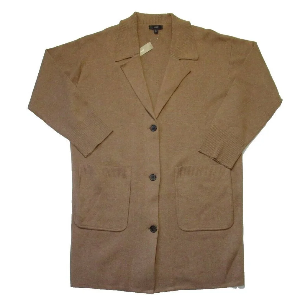 NWT J.Crew Collared Sweater-Jacket in Heather Dark Camel Oversized Cardigan L